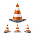 Traffic cones set. Red realistic road plastic cones with white striped. Vector illustration Royalty Free Stock Photo
