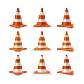 Traffic cones set. Red realistic road plastic cones with white striped. Vector illustration Royalty Free Stock Photo