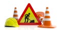 Traffic cones and sign and hard hat on white background. 3d illustration Royalty Free Stock Photo