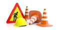 Traffic cones and sign and hard hat on white background. 3d illustration Royalty Free Stock Photo