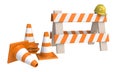 Traffic cones and an `under construction ` barrier isolated on a white background. Under construction concept. Road warning sign Royalty Free Stock Photo