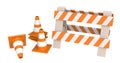 Traffic cones and an `under construction` barrier isolated on a white background. Under construction concept. Road warning sign Royalty Free Stock Photo
