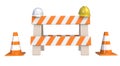 Traffic cones and an `under construction` barrier isolated on a white background. Under construction concept. Road warning sign. Royalty Free Stock Photo
