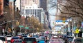 Traffic congestion from cars backed up along First Avenue through the East Village of New York City at rush hour Royalty Free Stock Photo