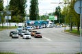 Traffic congestion with a large number of cars. street photo. spring. Queue of the car on the traffic light