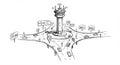 Traffic control tower in the center of an intersection is depicted in a sketch style. Royalty Free Stock Photo