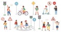 Traffic education, road safety rules for children. Kids learning road signs, crosswalk, lights, bike lanes, vector. Royalty Free Stock Photo