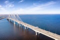 Traffic on the elevated highway over sea in Saint Petersburg, Russia aerial view