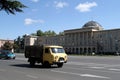 Traffic flows past the Town Hall on Stalin Square in Gori, Georgia