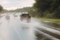 Traffic on the freeway during a storm. Heavy rain on a road