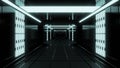 Traffic in futuristic corridor with neon lines. Design. 3D corridor with metal and neon walls. 3D corridor in futuristic