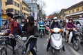 Traffic in Hanoi. Crowd of motorbike drivers on the street Royalty Free Stock Photo