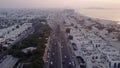 Traffic on highway Sheikh Zayed Road leading to the city center aerial view. Dubai, United Arab Emirates. Top view of