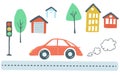 Traffic and house. transportation scenario, red car drives road throw houses and trees. vector illustration doodle