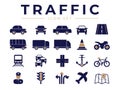 Traffic Icon Set with Car, Truck, Road, Motorcycle, Bicycle, Train, Airplane, Policeman, Marine, Bus, Map, Lights Icons Royalty Free Stock Photo