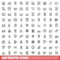 100 traffic icons set, outline style