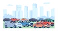 Traffic jam. Automobiles congestion. City transportation. Downtown skyscrapers. Urban landscape with vehicles and