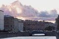 Traffic jam on beautiful small bridge with a sunset. Historical centre of Saint-Petersburg. Royalty Free Stock Photo