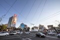 Traffic jam of car and public transportation buses on rush hour on the roundabout of Trg Slavija square with its iconic fountain