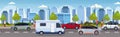 Traffic jam with cars and caravan trailer truck driving on city road modern cityscape background flat horizontal banner