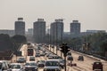 Traffic Jam of cars and other vehicles on Brankov Most bridge at peak hour, under heavy pollution, during sunset. Royalty Free Stock Photo