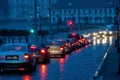 Traffic jam in the city at night during the rain. Rear view of cars standing on the road and red headlights. Reflection of red car Royalty Free Stock Photo