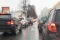 Traffic jam on a city street on wet road after rain Royalty Free Stock Photo