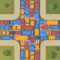 Traffic jam on crossroad. Large congestion of cars. Top view flat illustration. Royalty Free Stock Photo