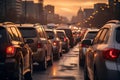 traffic jam in the evening city of cars idling and polluting the air with exhaust emissions,the concept of automotive transport Royalty Free Stock Photo