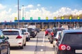 Traffic jam in front of a toll road payment point. Russian toll highway Royalty Free Stock Photo