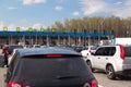 Traffic jam in front of a toll road payment point. Russian toll highway Royalty Free Stock Photo