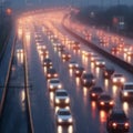 blurred Traffic jam heavy on highway on rainy day with raindrops on car glasses. blurred background, motion blur, Royalty Free Stock Photo