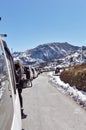 Traffic jam and Highway blockage due to snowfall at Tsomgo Lake. Tourist vehicles lined up to climb in step hill region of