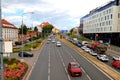 Traffic jam on highway. Cars and trucks drive along the multi lane road. Pilsen, Czech Republic