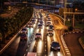 Traffic jam, highway and street in night for driving, transportation or travel in rush hour. Busy urban road, cars and Royalty Free Stock Photo