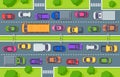 Traffic jam. Highway top view, trucks cars on road and car traffic control vector illustration Royalty Free Stock Photo