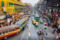 Traffic jam with hundreds of city taxi, buses and pedestrians