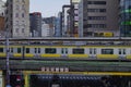 A traffic jam at Iidabashi station in Tokyo daytime long shot