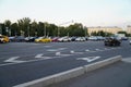 Traffic jam on Moskvoretskaya Embankment is major street, running along Moskva River. Moscow, Russia - August 28, 2022 Royalty Free Stock Photo