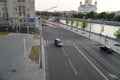 Traffic jam on Moskvoretskaya Embankment is major street, running along Moskva River. Moscow, Russia - August 28, 2022 Royalty Free Stock Photo