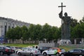 Traffic jam on Moskvoretskaya Embankment is major street, running along Moskva River. Moscow, Russia - August 28, 2022 Royalty Free Stock Photo