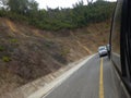 Traffic jam on the mountain side road to lake toba