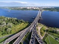 Traffic jam is on the Octyabrsky suspension bridge across the Sheksna river in Cherepovets, Vologda region, Russia Royalty Free Stock Photo