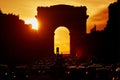 Traffic jam in Paris on Champs-Elysees street with Triumphal Arch Royalty Free Stock Photo