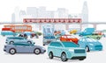 Traffic jam at the road intersection and Transport by elevated train,, illustration
