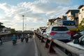 The traffic jam on road upto overbridge at rush hour