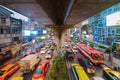 Traffic jam in the rush hour on highway bridge after finish an event. Busy cars on bridges and roads in Siam Discovery in Bangkok Royalty Free Stock Photo