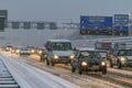 Traffic jam and snow on the Amsterdam highway.