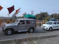 Traffic Jam and stucked vehicles jeep, car at Agra Bombay bypass road national highway because of accidental sand dumper truck