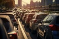 traffic jams in the city at sunset from cars idling in smog and polluting the air with exhaust gases, the concept of road Royalty Free Stock Photo